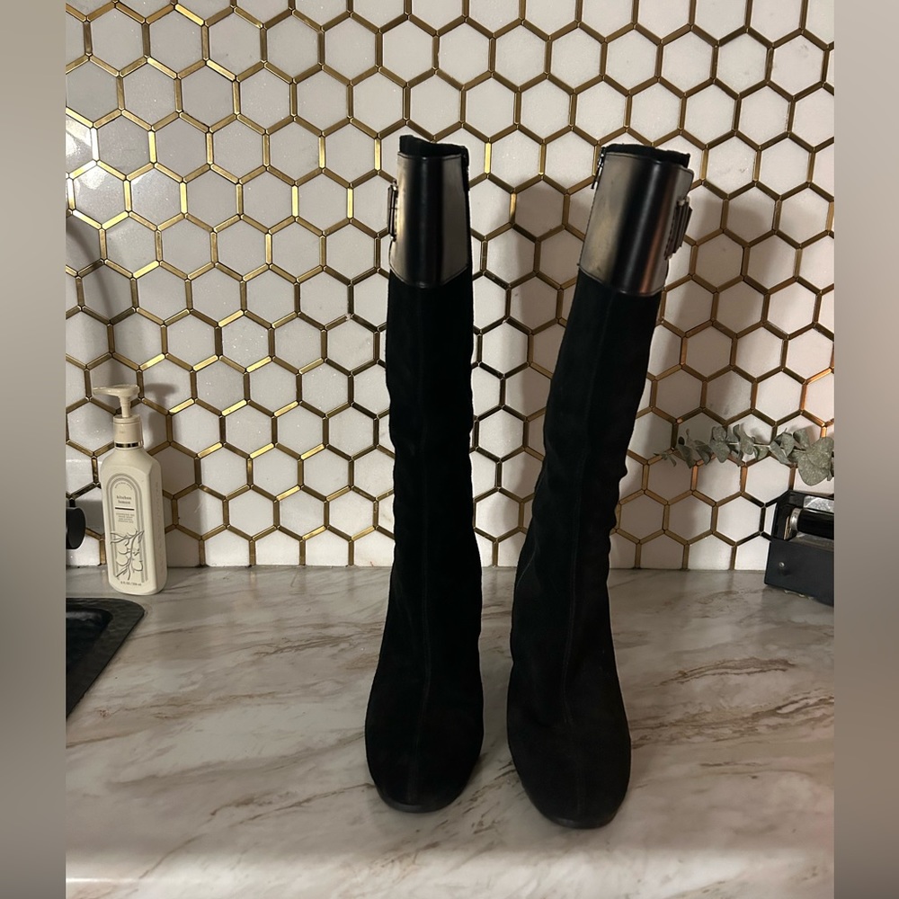 Women’s Black Suede and Leather Wedge Heel Boots. - Picture 3 of 5